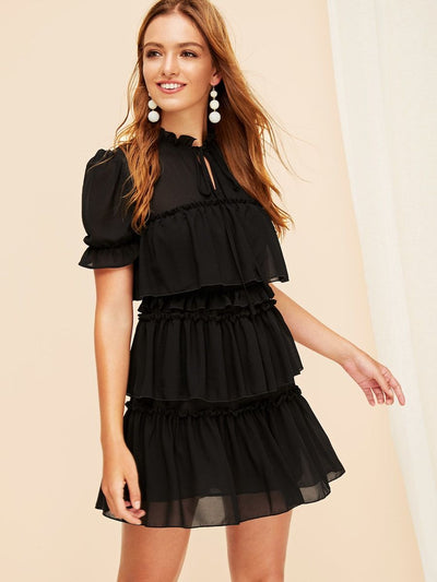 Tie<b style="color:White;"><font size="1"> -</font></b>Neck Ruffle Trim Layered Mesh Dress