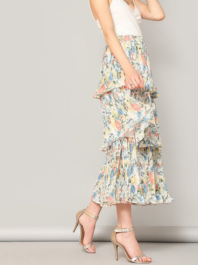 Elastic<b style="color:White;"><font size="1"> -</font></b>Waist<b style="color:White;"><font size="1"> -</font></b>Floral Layered Pleated Skirt