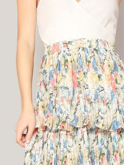 Elastic<b style="color:White;"><font size="1"> -</font></b>Waist<b style="color:White;"><font size="1"> -</font></b>Floral Layered Pleated Skirt