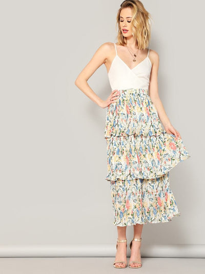 Elastic<b style="color:White;"><font size="1"> -</font></b>Waist<b style="color:White;"><font size="1"> -</font></b>Floral Layered Pleated Skirt