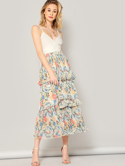 Elastic<b style="color:White;"><font size="1"> -</font></b>Waist<b style="color:White;"><font size="1"> -</font></b>Floral Layered Pleated Skirt