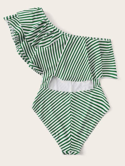 Striped<b style="color:White;"><font size="1"> -</font></b>One<b style="color:White;"><font size="1"> -</font></b>Shoulder Flounce One Piece Swimwear