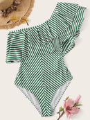 Striped<b style="color:White;"><font size="1"> -</font></b>One<b style="color:White;"><font size="1"> -</font></b>Shoulder Flounce One Piece Swimwear