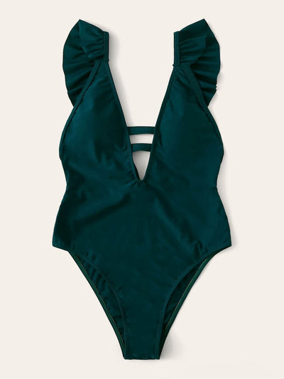 Deep-V<b style="color:White;"><font size="1"> -</font></b>Ruffle<b style="color:White;"><font size="1"> -</font></b>Cut-out One Piece Swimwear