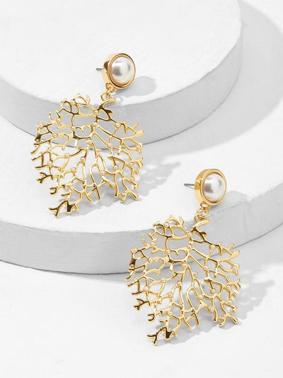 Faux<b style="color:White;"><font size="1"> -</font></b>Pearl<b style="color:White;"><font size="1"> -</font></b>Engraved Branch Drop Earrings 1pair