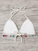 Pom<b style="color:White;"><font size="1"> -</font></b>Pom Trim Crochet Halter Bikini Top