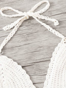 Pom<b style="color:White;"><font size="1"> -</font></b>Pom Trim Crochet Halter Bikini Top