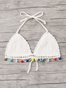 Pom<b style="color:White;"><font size="1"> -</font></b>Pom Trim Crochet Halter Bikini Top