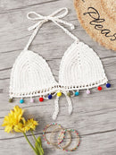 Pom<b style="color:White;"><font size="1"> -</font></b>Pom Trim Crochet Halter Bikini Top