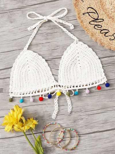 Pom<b style="color:White;"><font size="1"> -</font></b>Pom Trim Crochet Halter Bikini Top