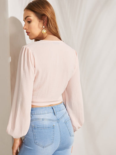 Crop<b style="color:White;"><font size="1"> -</font></b>Knot<b style="color:White;"><font size="1"> -</font></b>Front Lantern Sleeve Blouse