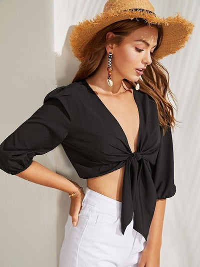 Knotted<b style="color:White;"><font size="1"> -</font></b>Front<b style="color:White;"><font size="1"> -</font></b>Solid Crop Blouse