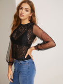 Beaded<b style="color:White;"><font size="1"> -</font></b>Mesh<b style="color:White;"><font size="1"> -</font></b>Sleeve Lace Sheer Blouse