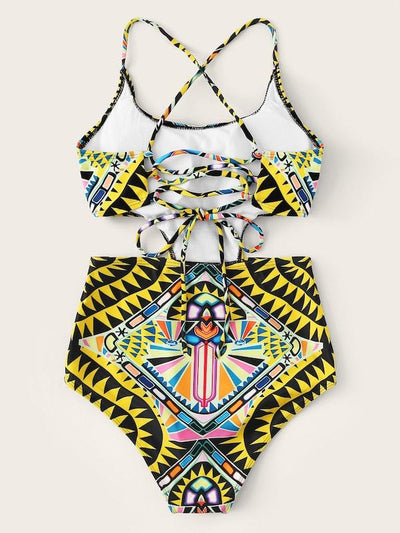 Tribal<b style="color:White;"><font size="1"> -</font></b>Print<b style="color:White;"><font size="1"> -</font></b>Lace-up One Piece Swimsuit