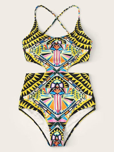 Tribal<b style="color:White;"><font size="1"> -</font></b>Print<b style="color:White;"><font size="1"> -</font></b>Lace-up One Piece Swimsuit