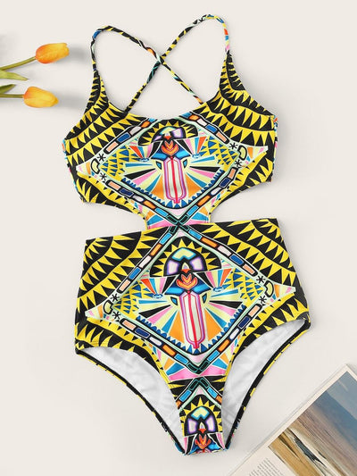 Tribal<b style="color:White;"><font size="1"> -</font></b>Print<b style="color:White;"><font size="1"> -</font></b>Lace-up One Piece Swimsuit