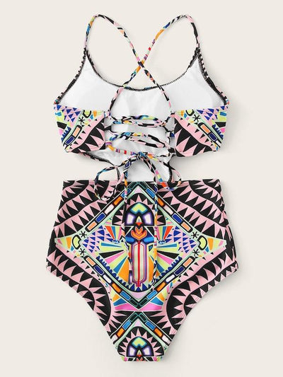 Tribal<b style="color:White;"><font size="1"> -</font></b>Print<b style="color:White;"><font size="1"> -</font></b>Lace-up One Piece Swimsuit