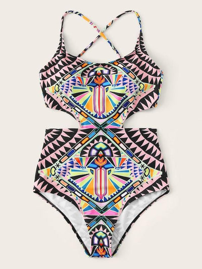 Tribal<b style="color:White;"><font size="1"> -</font></b>Print<b style="color:White;"><font size="1"> -</font></b>Lace-up One Piece Swimsuit