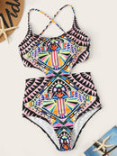 Tribal<b style="color:White;"><font size="1"> -</font></b>Print<b style="color:White;"><font size="1"> -</font></b>Lace-up One Piece Swimsuit