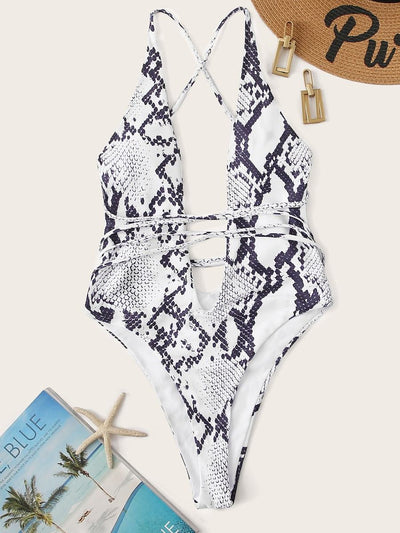 Snakeskin Print<b style="color:White;"><font size="1"> -</font></b>Criss Cross One Piece Swimsuit