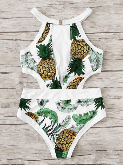 Leaf<b style="color:White;"><font size="1"> -</font></b>Print<b style="color:White;"><font size="1"> -</font></b>Piping Contrast Cutout Side Monokini