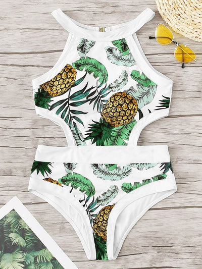 Leaf<b style="color:White;"><font size="1"> -</font></b>Print<b style="color:White;"><font size="1"> -</font></b>Piping Contrast Cutout Side Monokini