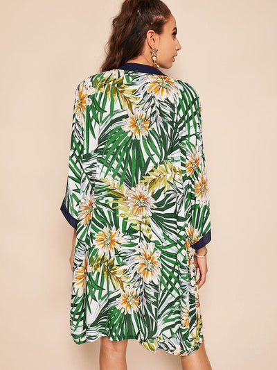 Contrast<b style="color:White;"><font size="1"> -</font></b>Trim Tropical Print Kimono