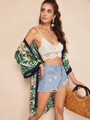 Contrast<b style="color:White;"><font size="1"> -</font></b>Trim Tropical Print Kimono