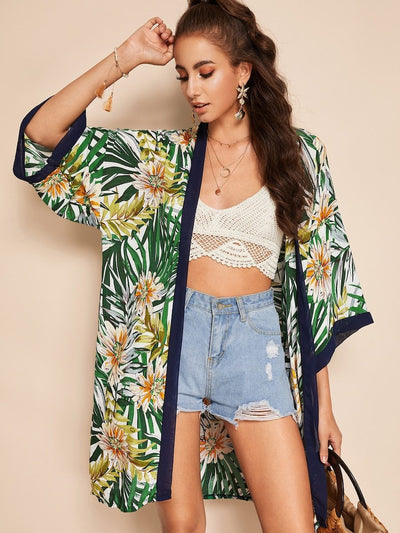 Contrast<b style="color:White;"><font size="1"> -</font></b>Trim Tropical Print Kimono