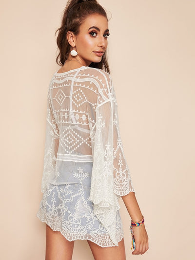 Tassel<b style="color:White;"><font size="1"> -</font></b>Drawstring<b style="color:White;"><font size="1"> -</font></b>Waist<b style="color:White;"><font size="1"> -</font></b>Embroidered Mesh Top Without Bra