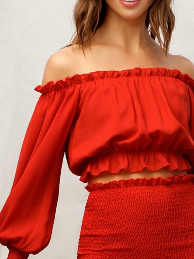 Frilled<b style="color:White;"><font size="1"> -</font></b>Off<b style="color:White;"><font size="1"> -</font></b>Shoulder Lantern Sleeve Top