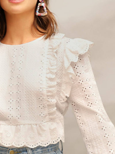 Ruffle<b style="color:White;"><font size="1"> -</font></b>Trim Embroidered Eyelet Top