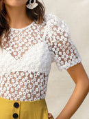 Puff<b style="color:White;"><font size="1"> -</font></b>Sleeve Embroidery Floral Mesh Top