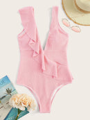 Double<b style="color:White;"><font size="1"> -</font></b>Plunge<b style="color:White;"><font size="1"> -</font></b>Ruffle Textured One Piece Swim