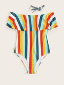 Striped<b style="color:White;"><font size="1"> -</font></b>Flounce<b style="color:White;"><font size="1"> -</font></b>Bardot One Piece Swimsuit