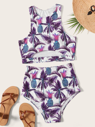 Tropical<b style="color:White;"><font size="1"> -</font></b>Print<b style="color:White;"><font size="1"> -</font></b>Cutout<b style="color:White;"><font size="1"> -</font></b>Top With High Waist Bikini Set