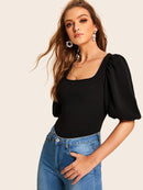 Neon<b style="color:White;"><font size="1"> -</font></b>Orange<b style="color:White;"><font size="1"> -</font></b>Square Neck Puff Sleeve Top