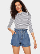 Ruffle<b style="color:White;"><font size="1"> -</font></b>Waist<b style="color:White;"><font size="1"> -</font></b>Slant Pocket Denim Shorts