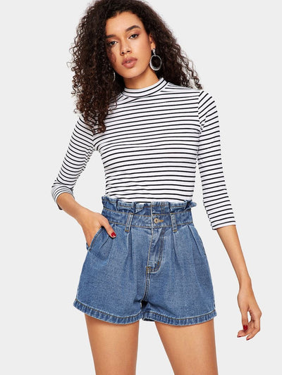 Ruffle<b style="color:White;"><font size="1"> -</font></b>Waist<b style="color:White;"><font size="1"> -</font></b>Slant Pocket Denim Shorts