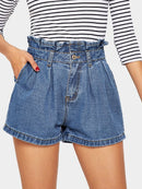 Ruffle<b style="color:White;"><font size="1"> -</font></b>Waist<b style="color:White;"><font size="1"> -</font></b>Slant Pocket Denim Shorts