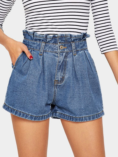 Ruffle<b style="color:White;"><font size="1"> -</font></b>Waist<b style="color:White;"><font size="1"> -</font></b>Slant Pocket Denim Shorts