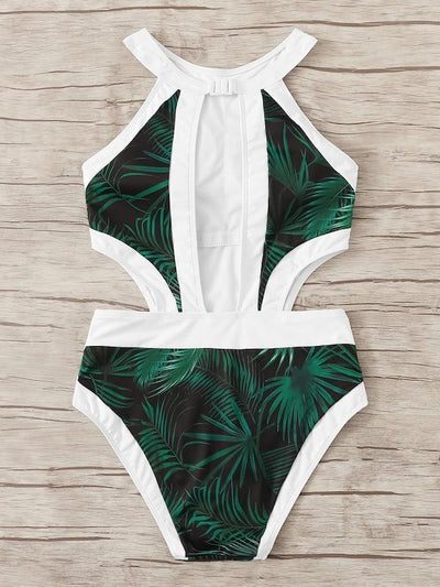 Leaf<b style="color:White;"><font size="1"> -</font></b>Print<b style="color:White;"><font size="1"> -</font></b>Piping Contrast Cutout Side Monokini