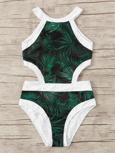 Leaf<b style="color:White;"><font size="1"> -</font></b>Print<b style="color:White;"><font size="1"> -</font></b>Piping Contrast Cutout Side Monokini