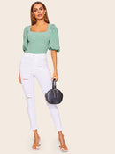 Neon<b style="color:White;"><font size="1"> -</font></b>Orange<b style="color:White;"><font size="1"> -</font></b>Square Neck Puff Sleeve Top