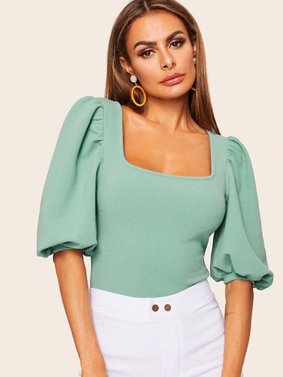 Neon<b style="color:White;"><font size="1"> -</font></b>Orange<b style="color:White;"><font size="1"> -</font></b>Square Neck Puff Sleeve Top