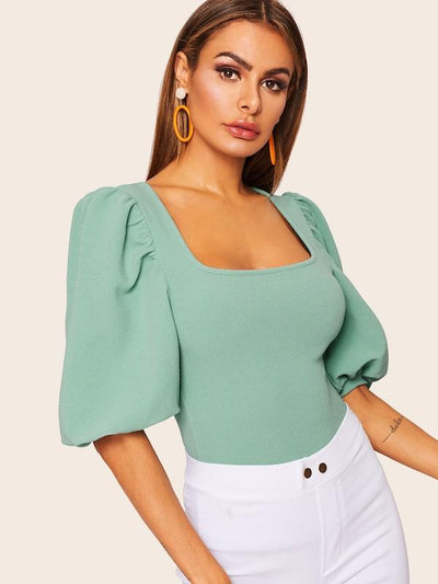 Neon<b style="color:White;"><font size="1"> -</font></b>Orange<b style="color:White;"><font size="1"> -</font></b>Square Neck Puff Sleeve Top