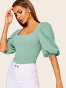 Neon<b style="color:White;"><font size="1"> -</font></b>Orange<b style="color:White;"><font size="1"> -</font></b>Square Neck Puff Sleeve Top