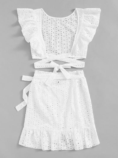 Lace<b style="color:White;"><font size="1"> -</font></b>Eyelet<b style="color:White;"><font size="1"> -</font></b>Ruffle<b style="color:White;"><font size="1"> -</font></b>Knot Top & Wrap Belted Skirt Set