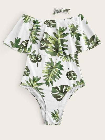 Palm<b style="color:White;"><font size="1"> -</font></b>Print<b style="color:White;"><font size="1"> -</font></b>Flounce One Piece Swimsuit