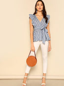 Ruffle<b style="color:White;"><font size="1"> -</font></b>Detail Belted Striped Top